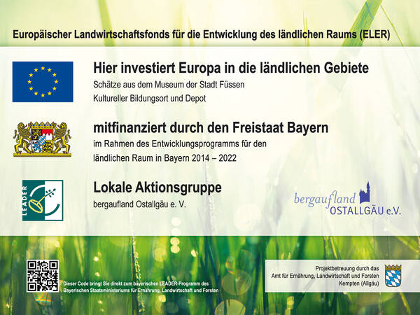 Abbildung der Tafel des Leaderprogramms mit Logos, europäischer Landwirtschaftsfonds für die Entwicklung des ländlichen Raums, mitfinanziert durch den bayerischen Staat