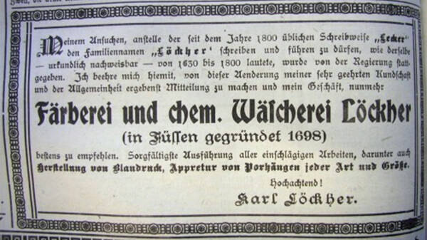 Anzeige im Füssener Blatt, 29. Mai 1921, Stadtarchiv Füssen