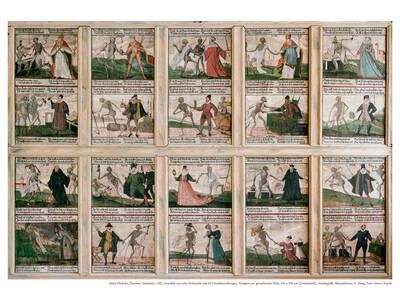 Jakob Hiebeler, Füssener Totentanz, 1602, Gemälde aus zehn Holztafeln mit 20 Einzeldarstellungen, Tempera auf grundiertem Holz, 344 x 516 cm (Gesamtmaß), Annakapelle, Barockkloster St. Mang